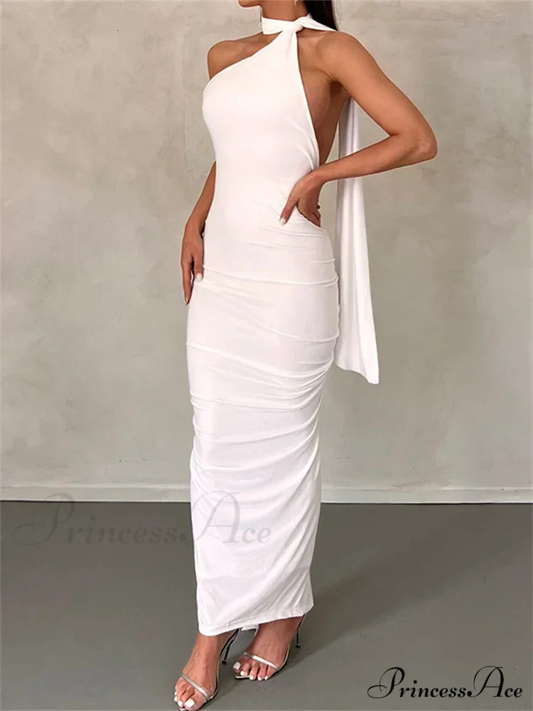Women Halter Lace-up Sleeveless Off Shoulder Backless Ruched Party Club Solid Color Female Vestidos image 1