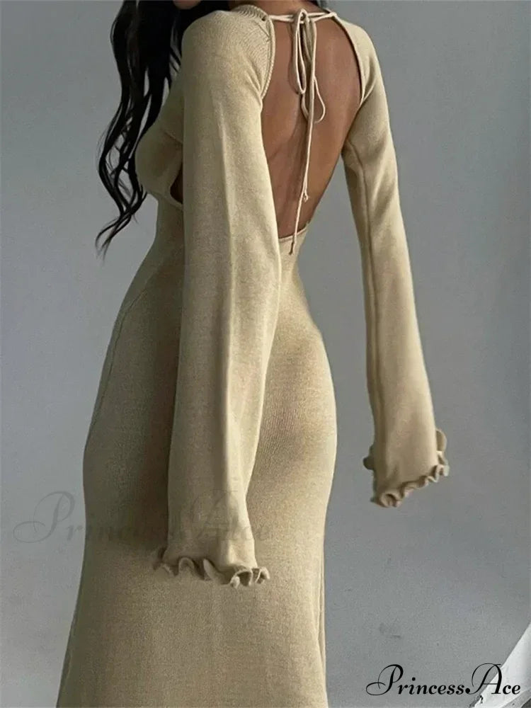 Women Knitted Flare Sleeve Backless Tie-up Round Neck Solid Color Ruffles Hem Beachwear Vestido image 5