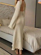Women Knitted Flare Sleeve Backless Tie-up Round Neck Solid Color Ruffles Hem Beachwear Vestido image 4