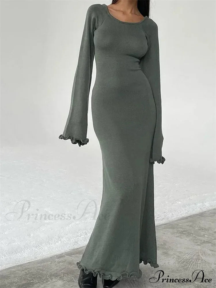 Women Knitted Flare Sleeve Backless Tie-up Round Neck Solid Color Ruffles Hem Beachwear Vestido image 6