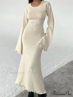 Women Knitted Flare Sleeve Backless Tie-up Round Neck Solid Color Ruffles Hem Beachwear Vestido image 8