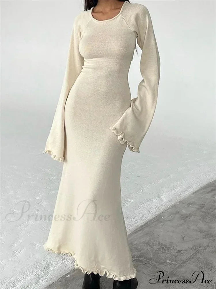 Women Knitted Flare Sleeve Backless Tie-up Round Neck Solid Color Ruffles Hem Beachwear Vestido image 8