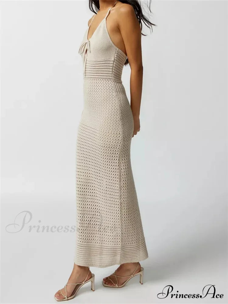 Women Knitted Sleeveless Halter Tie-up Backless Hollow Out Summer Off Shoulder Beach Female Vestidos image 2