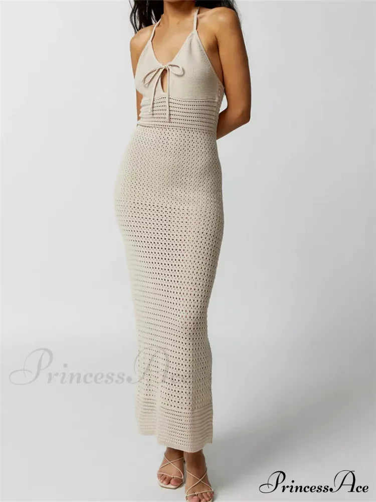 Women Knitted Sleeveless Halter Tie-up Backless Hollow Out Summer Off Shoulder Beach Female Vestidos image 1