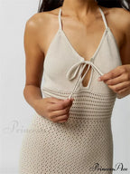 Women Knitted Sleeveless Halter Tie-up Backless Hollow Out Summer Off Shoulder Beach Female Vestidos image 4