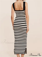 Women Knitted Sleeveless Square Neck Striped Print Beach Tank Side Split Summer Female Vestidos image 6