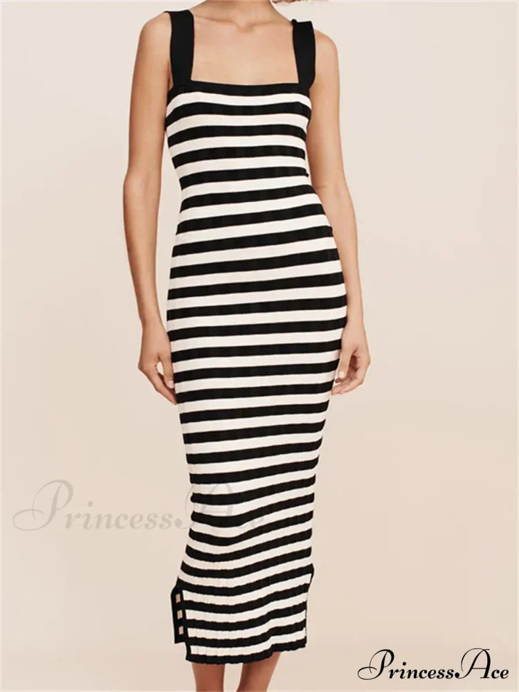 Women Knitted Sleeveless Square Neck Striped Print Beach Tank Side Split Summer Female Vestidos image 1