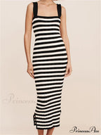 Women Knitted Sleeveless Square Neck Striped Print Beach Tank Side Split Summer Female Vestidos image 1