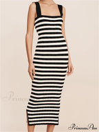 Women Knitted Sleeveless Square Neck Striped Print Beach Tank Side Split Summer Female Vestidos image 2