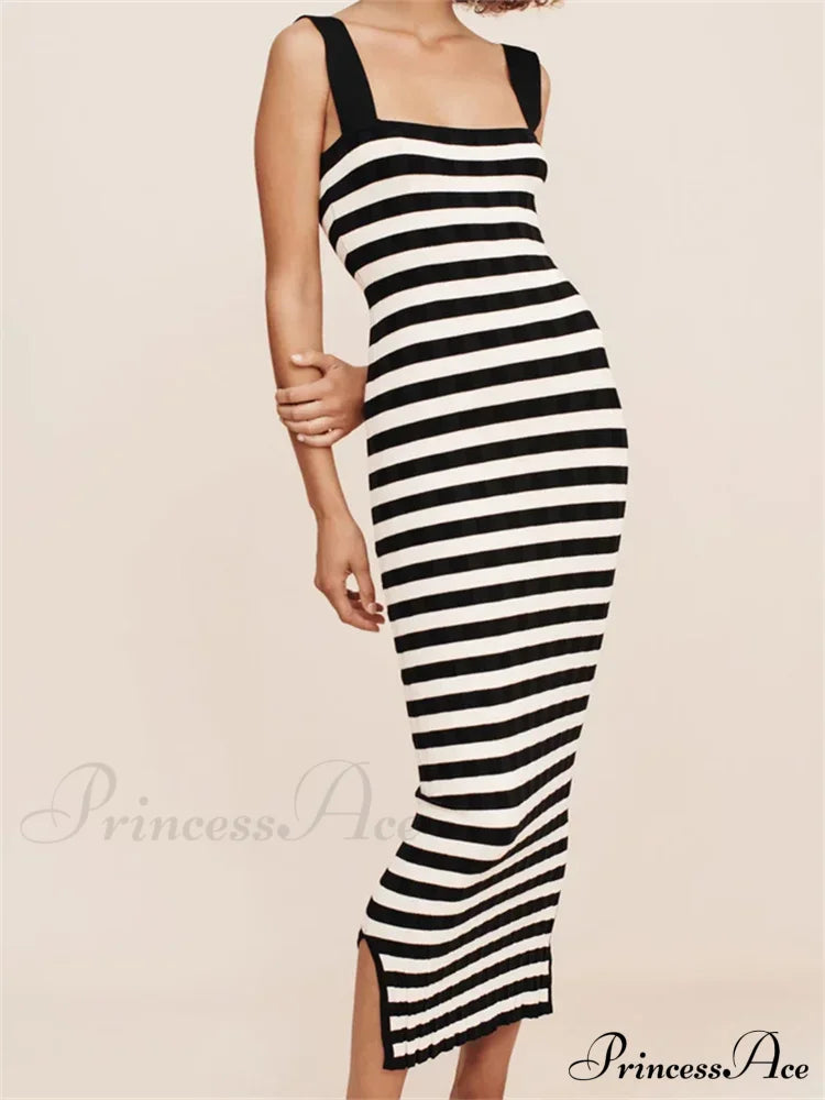 Women Knitted Sleeveless Square Neck Striped Print Beach Tank Side Split Summer Female Vestidos image 3