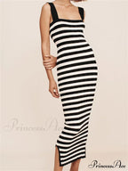 Women Knitted Sleeveless Square Neck Striped Print Beach Tank Side Split Summer Female Vestidos image 3