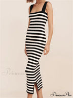 Women Knitted Sleeveless Square Neck Striped Print Beach Tank Side Split Summer Female Vestidos image 4