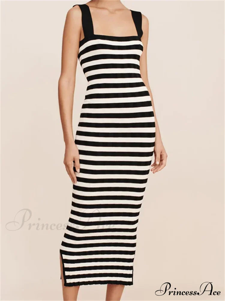 Women Knitted Sleeveless Square Neck Striped Print Beach Tank Side Split Summer Female Vestidos image 7