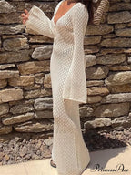 Women Knitted  Solid Hollow Out Deep V-Neck  Sleeve Bodycon Spring Autumn Backless Vestidos image 2