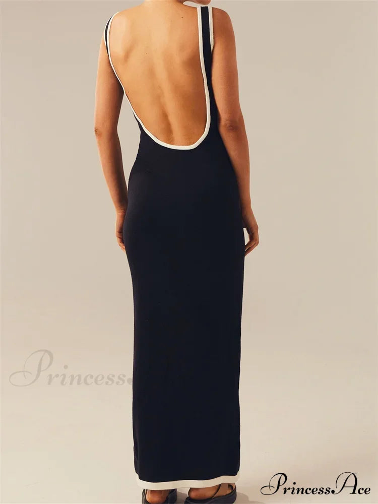 Women Knitted Tank Summer Contrast Color Hollow Out Backless Party Cocktail Beach Club Vestido Streetwear image 3