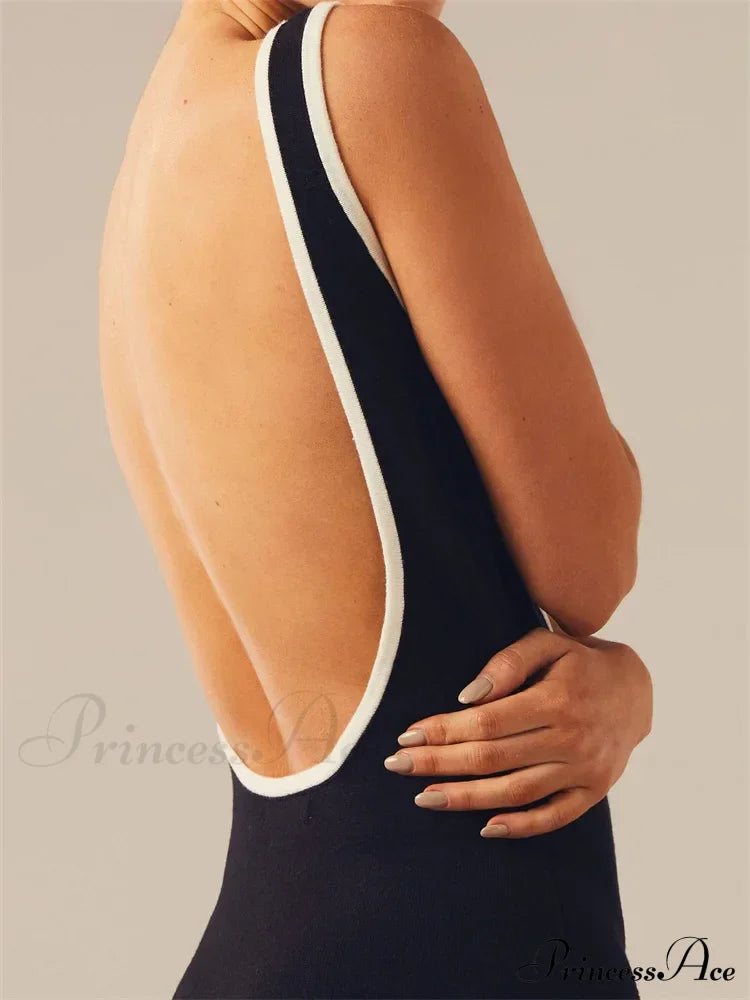 Women Knitted Tank Summer Contrast Color Hollow Out Backless Party Cocktail Beach Club Vestido Streetwear image 2