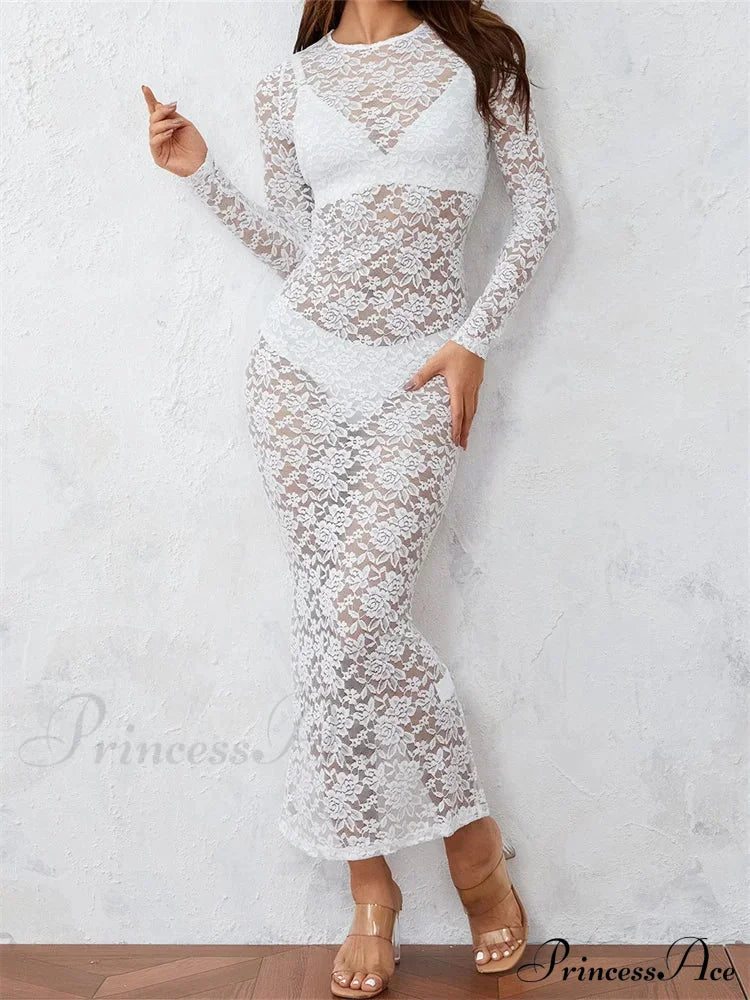 Women Lace Floral See Through Vintage Sleeve Round Neck Solid Back Split Party Female Vestidos image 2