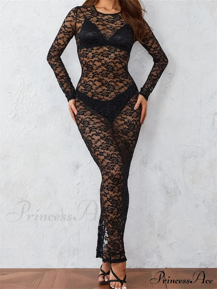 Women Lace Floral See Through Vintage Sleeve Round Neck Solid Back Split Party Female Vestidos image 4