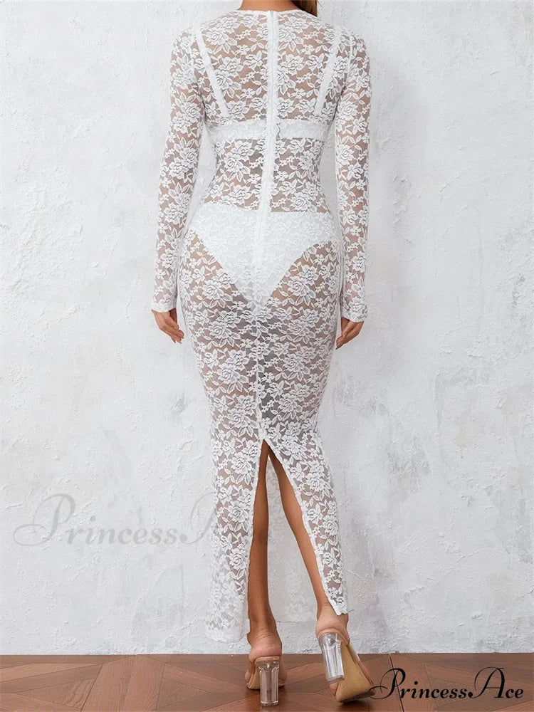 Women Lace Floral See Through Vintage Sleeve Round Neck Solid Back Split Party Female Vestidos image 3