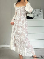 Women Lace Flower Flare Sleeve Square Neck Tie-up Spring Fall Solid Party Female Vestidos image 1