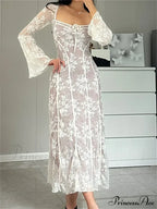 Women Lace Flower Flare Sleeve Square Neck Tie-up Spring Fall Solid Party Female Vestidos image 4