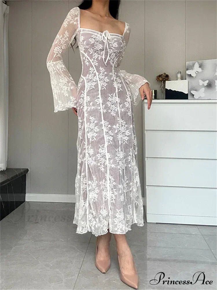 Women Lace Flower Flare Sleeve Square Neck Tie-up Spring Fall Solid Party Female Vestidos image 5