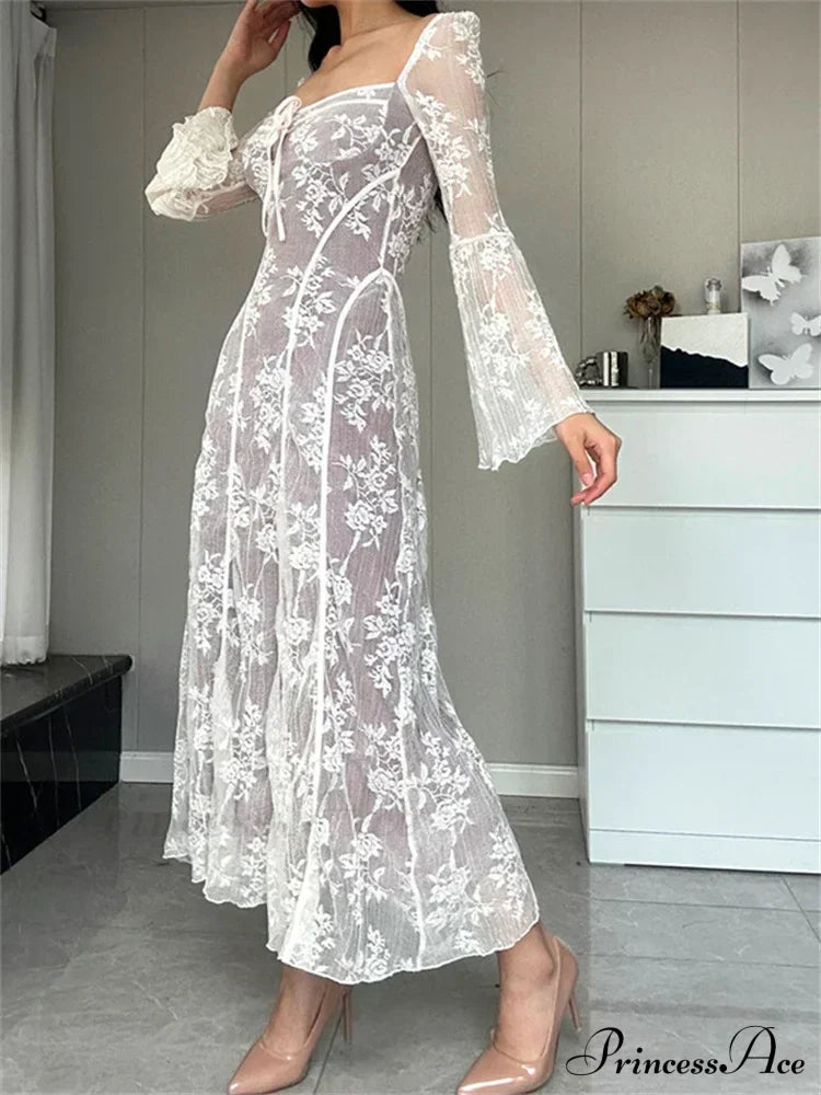 Women Lace Flower Flare Sleeve Square Neck Tie-up Spring Fall Solid Party Female Vestidos image 6