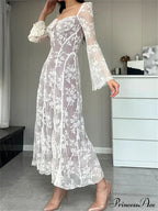 Women Lace Flower Flare Sleeve Square Neck Tie-up Spring Fall Solid Party Female Vestidos image 6