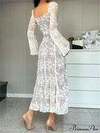 Women Lace Flower Flare Sleeve Square Neck Tie-up Spring Fall Solid Party Female Vestidos image 3