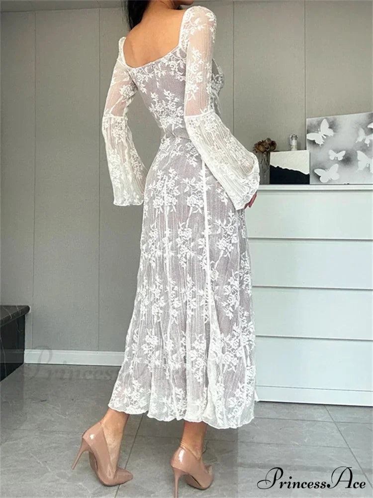 Women Lace Flower Flare Sleeve Square Neck Tie-up Spring Fall Solid Party Female Vestidos image 3