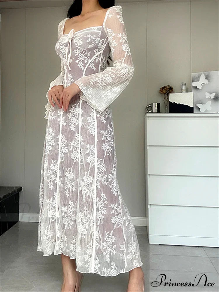 Women Lace Flower Flare Sleeve Square Neck Tie-up Spring Fall Solid Party Female Vestidos image 2
