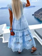 Women Lace Hollow Out Sleeve Front Buttons Up V-Neck Patchwork Loose Party Female Vestidos image 2