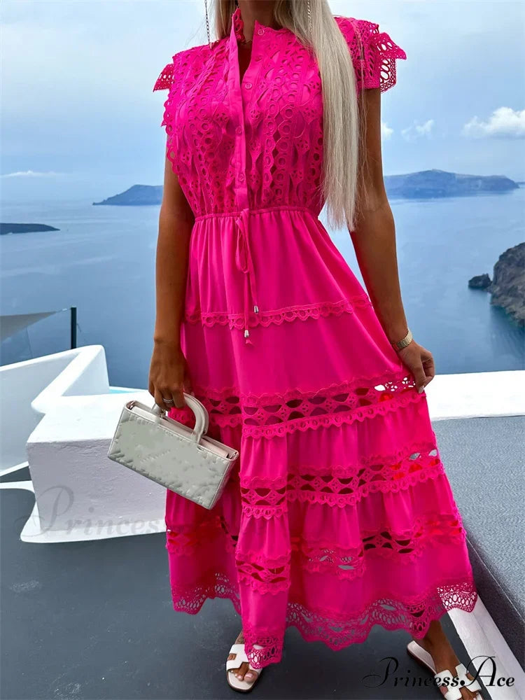 Women Lace Hollow Out Sleeve Front Buttons Up V-Neck Patchwork Loose Party Female Vestidos image 3