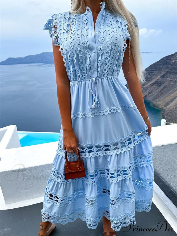 Women Lace Hollow Out Sleeve Front Buttons Up V-Neck Patchwork Loose Party Female Vestidos image 1