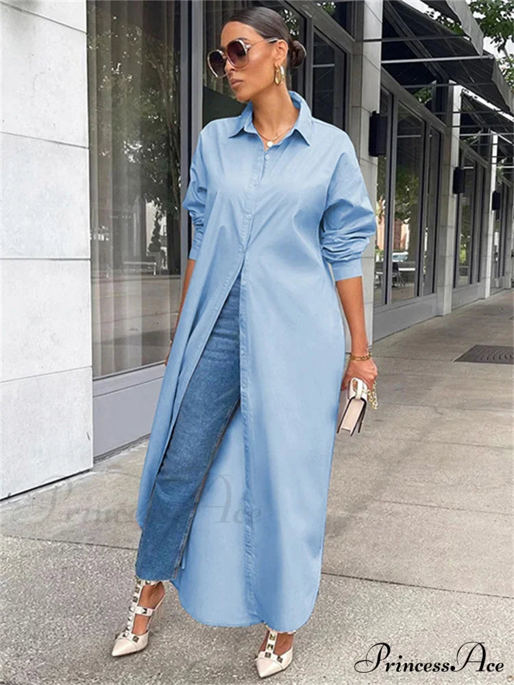 Women Loose Casual Kaftan Shirts Solid Sleeve Lapel Single-breasted Female Vestidos image 3