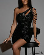 Women One Shoulder Cutout Shiny Sequin Party Dress image 1