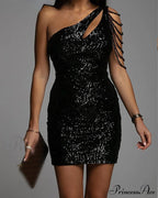 Women One Shoulder Cutout Shiny Sequin Party Dress image 2