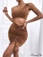Women One Shoulder Mini Backless Hollow Out Pleated Cut Out Dress image 6