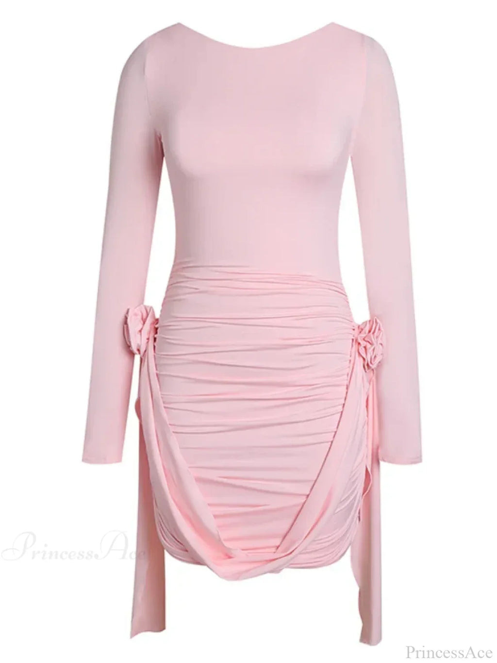 Women Pink 3D Floral Draped Mini Bodycon Dress Long Sleeves Party Dress image 7