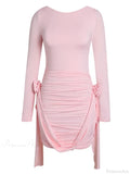Women Pink 3D Floral Draped Mini Bodycon Dress Long Sleeves Party Dress image 7