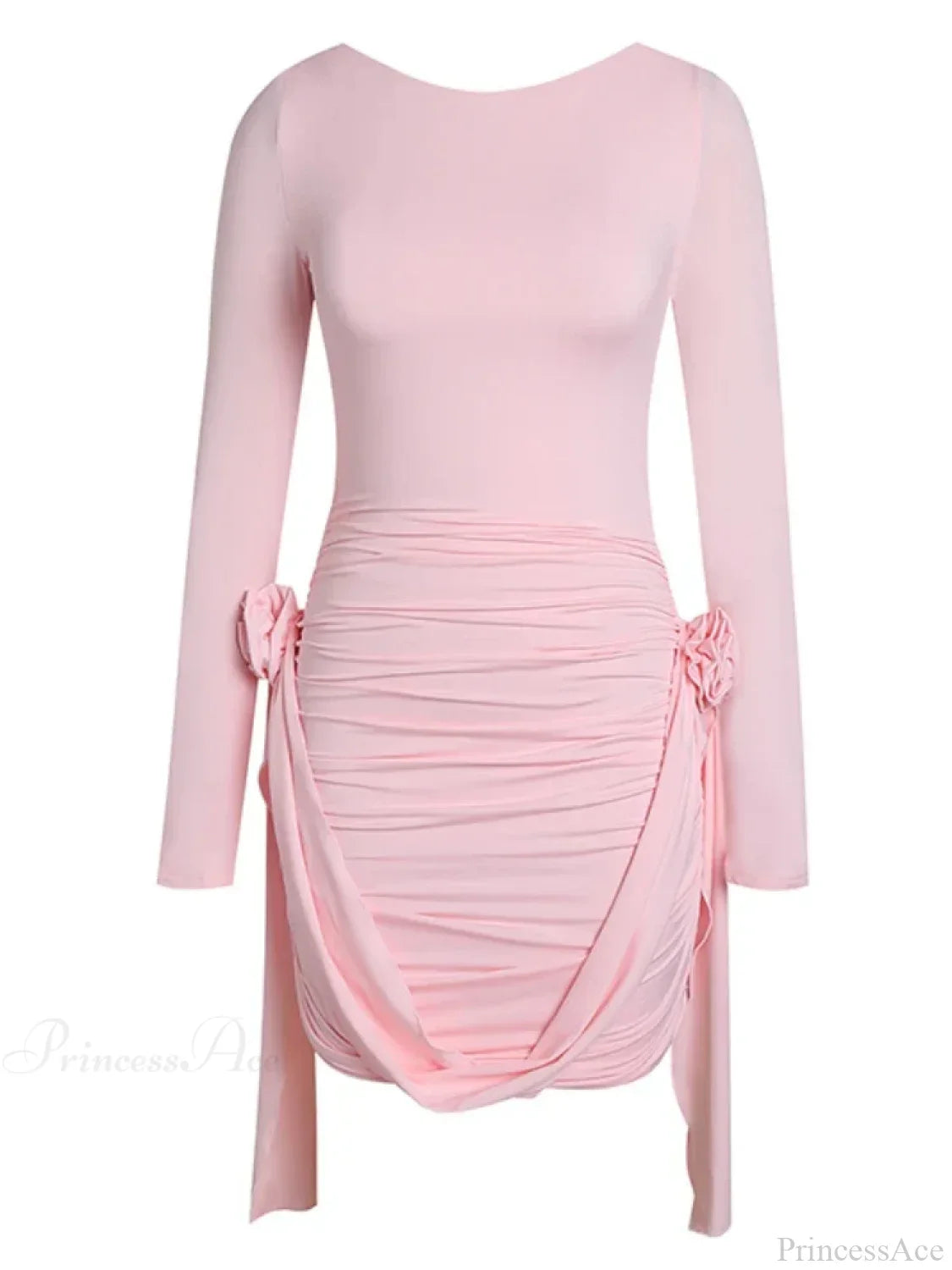 Women Pink 3D Floral Draped Mini Bodycon Dress Long Sleeves Party Dress image 7