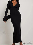 Women Ribbed Knitted   Flare Sleeve Lapel Solid Color Bodycon Party Going Out Female Vestido image 4