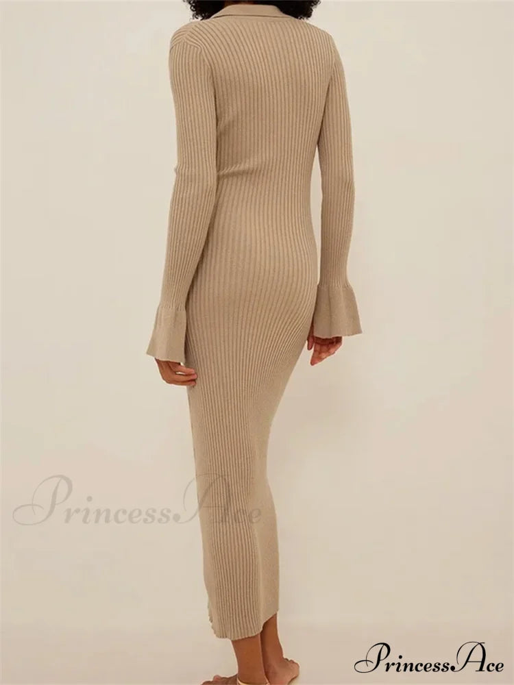 Women Ribbed Knitted   Flare Sleeve Lapel Solid Color Bodycon Party Going Out Female Vestido image 3