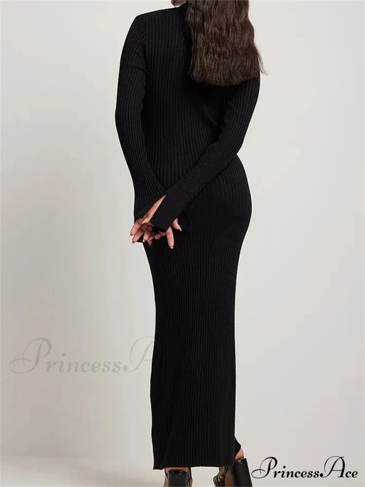 Women Ribbed Knitted   Flare Sleeve Lapel Solid Color Bodycon Party Going Out Female Vestido image 5