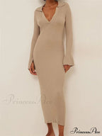 Women Ribbed Knitted   Flare Sleeve Lapel Solid Color Bodycon Party Going Out Female Vestido image 6