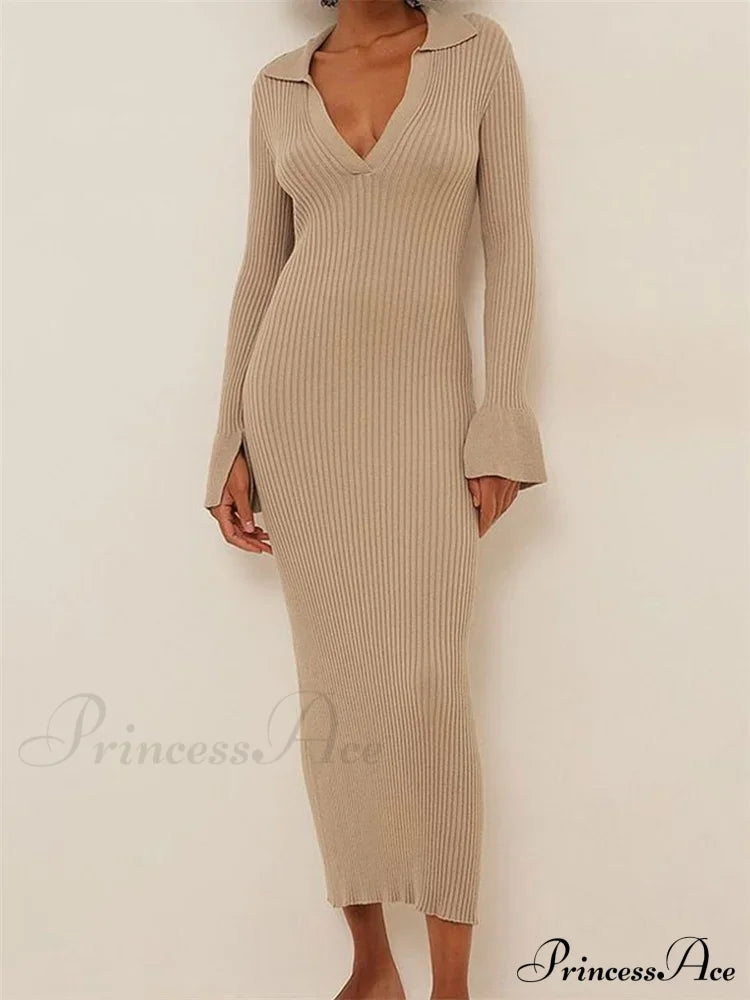 Women Ribbed Knitted   Flare Sleeve Lapel Solid Color Bodycon Party Going Out Female Vestido image 6