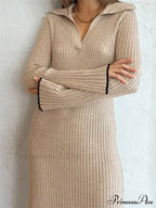 Women Ribbed Knitted Flare Sleeve Lapel Solid Color Party Going Out Female Vestidos Streetwear image 3