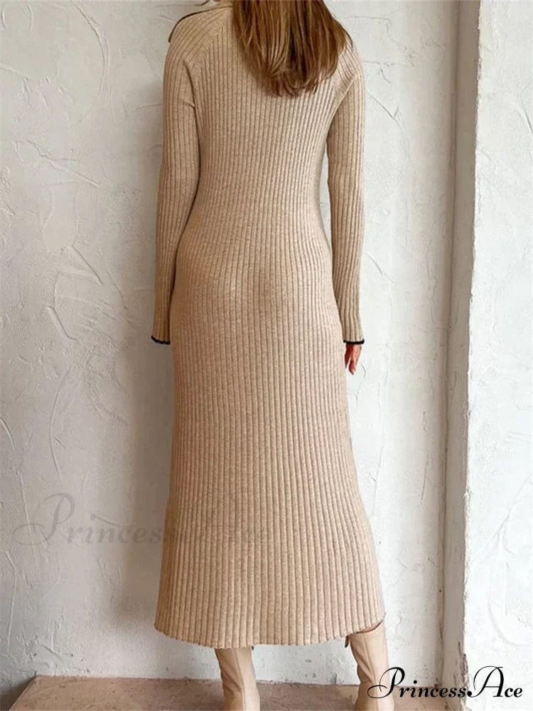 Women Ribbed Knitted Flare Sleeve Lapel Solid Color Party Going Out Female Vestidos Streetwear image 4