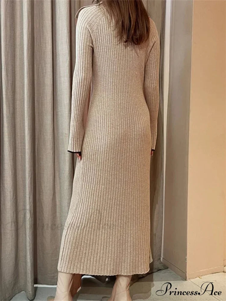 Women Ribbed Knitted Flare Sleeve Lapel Solid Color Party Going Out Female Vestidos Streetwear image 2