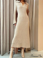 Women Ribbed Knitted Flare Sleeve Lapel Solid Color Party Going Out Female Vestidos Streetwear image 6